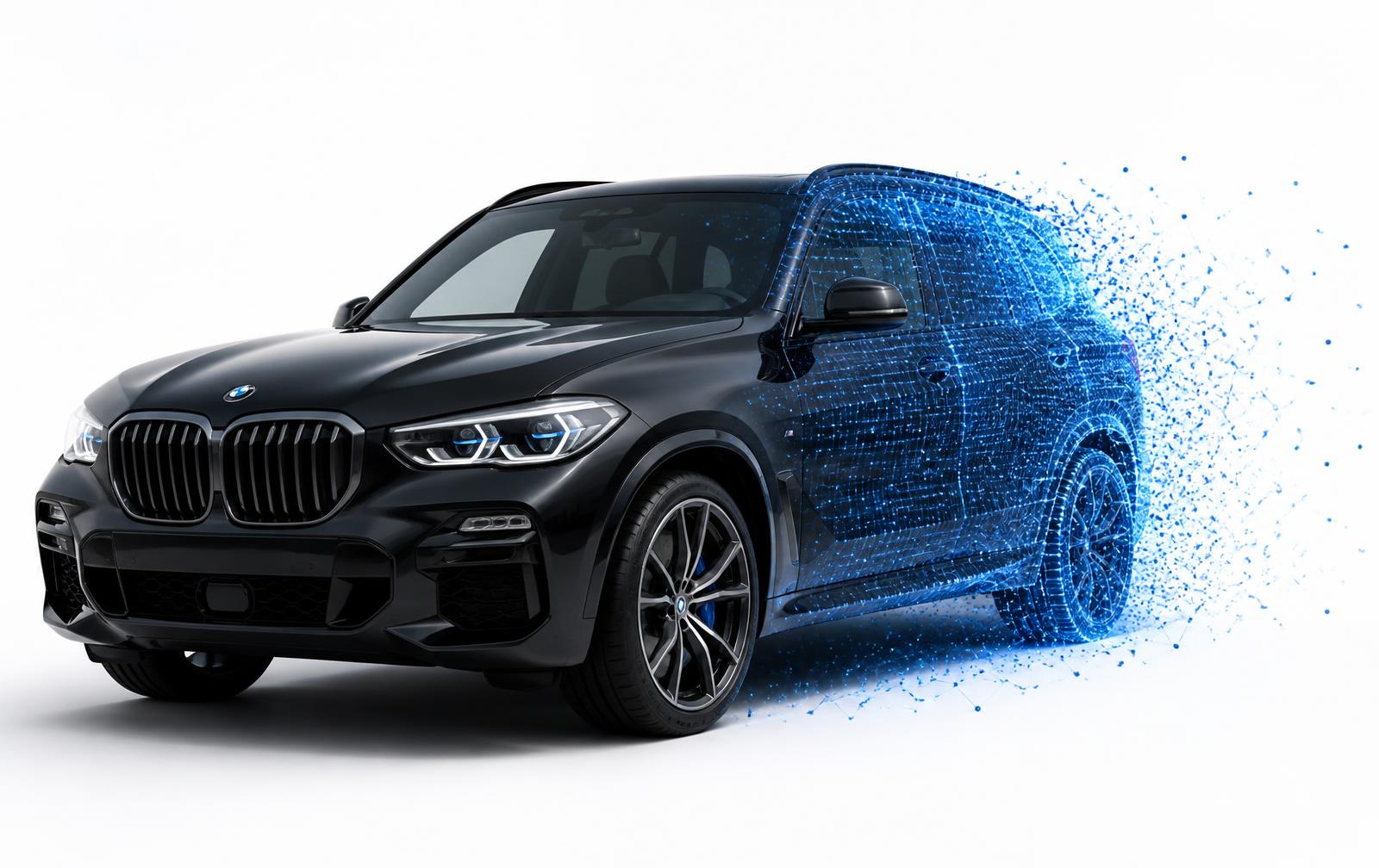 Zwarte BMW X5 die overgaat in een blauw 3D-puntenwolkmodel