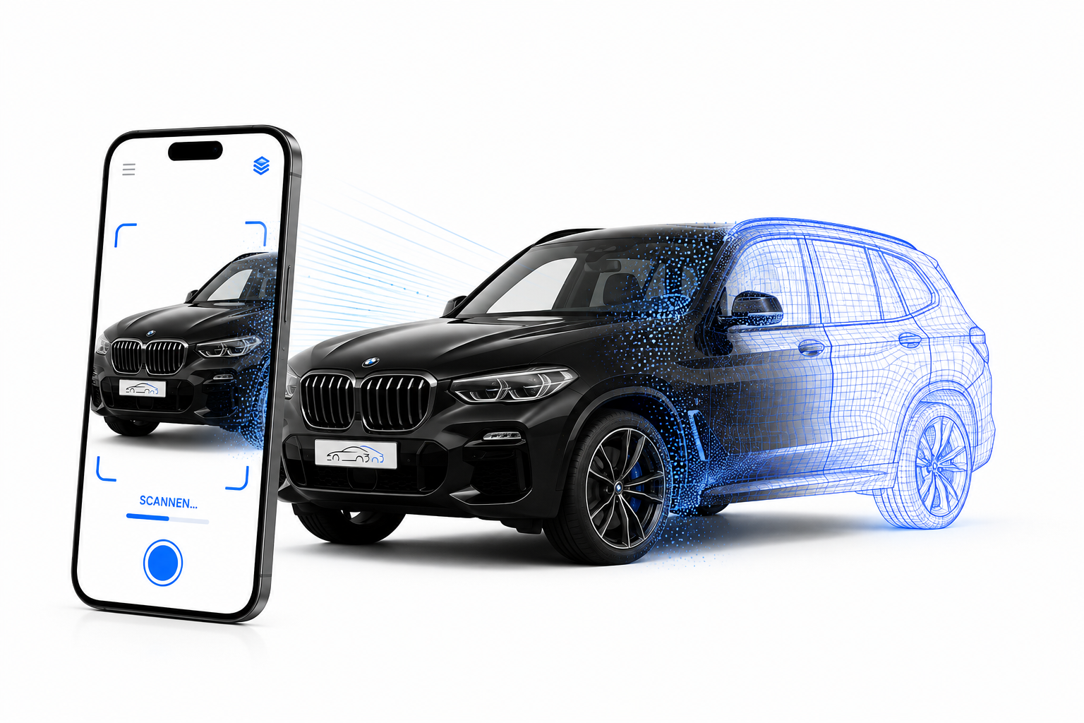 Zwarte BMW X5 wordt gescand met een telefoon en verandert in een blauw 3D-draadmodel